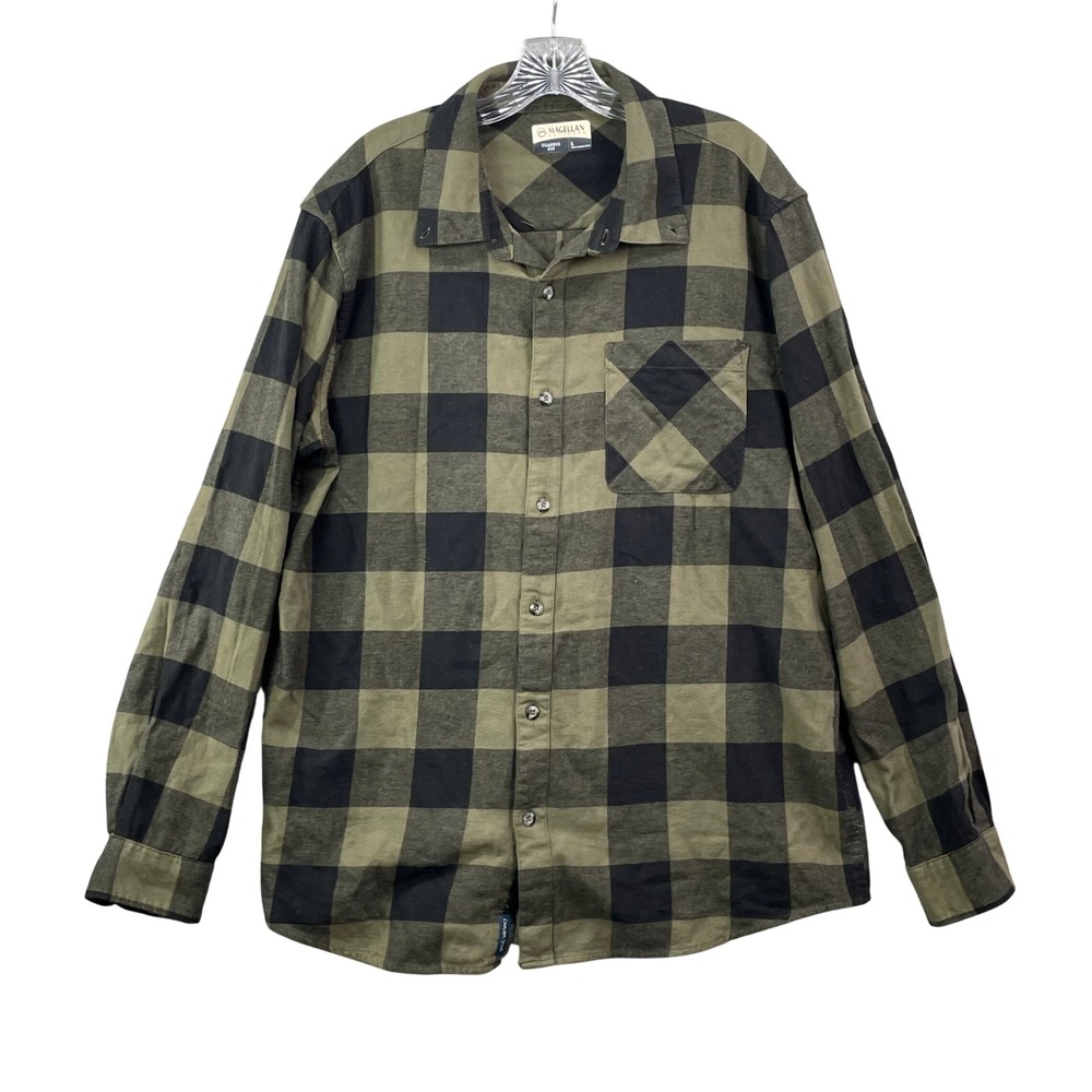 Magellan Flannel Shirt Mens L Green Black Buffalo Plaid Cotton Canyon Creek L/S